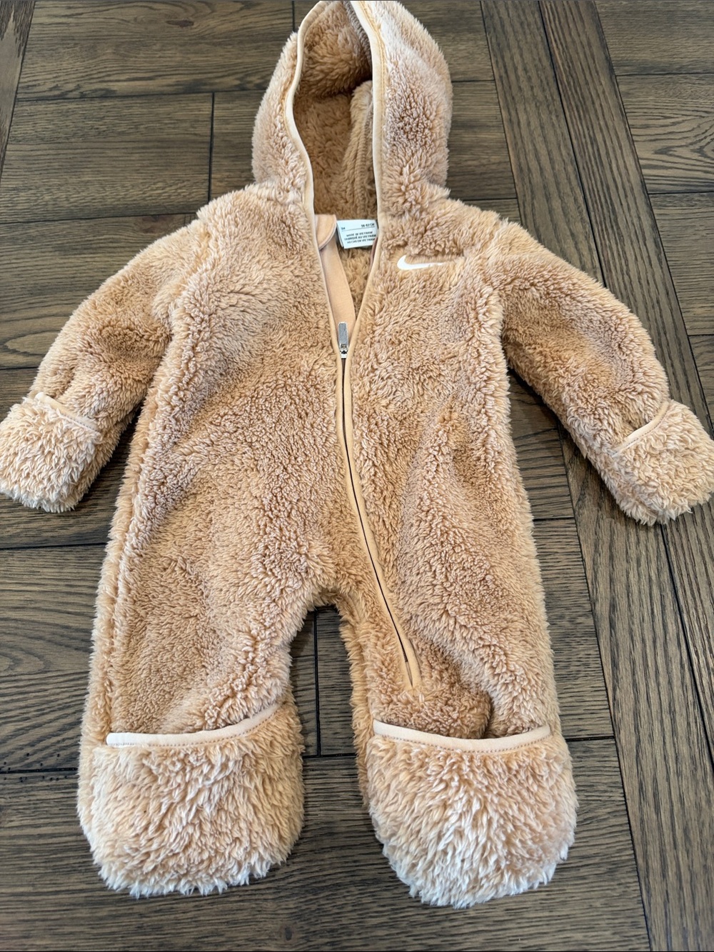 Nike Toddler Beige Sherpa Hooded Footed One-Piece 3M